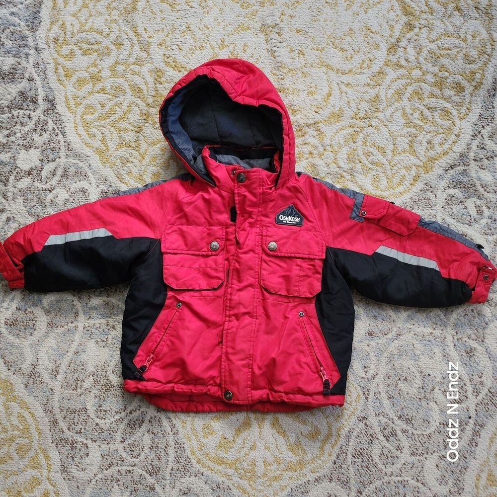 OshKosh BGosh Boys Red & Black Hooded Winter Jacket Size 4 Polyester